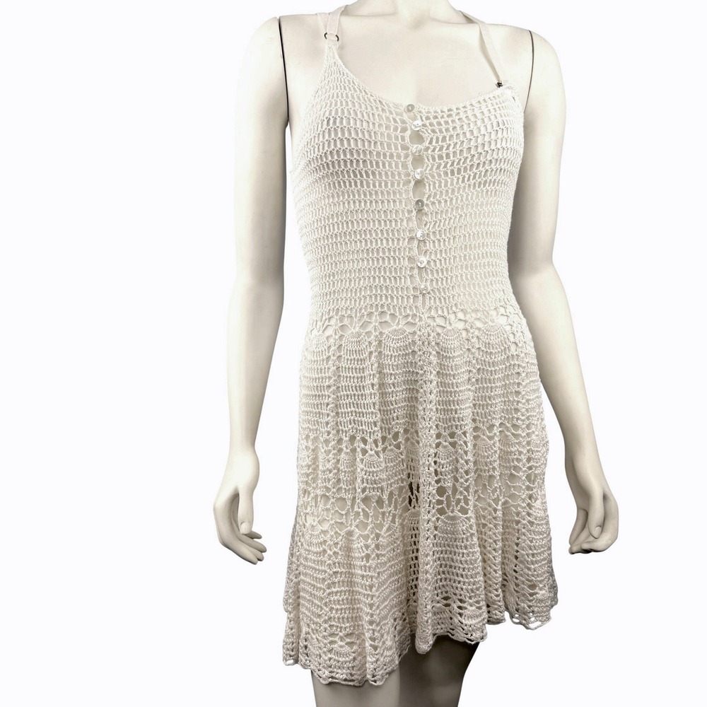 Crochet‎ Mini Dress Women Medium Cream Boho Festival Button Front Strap